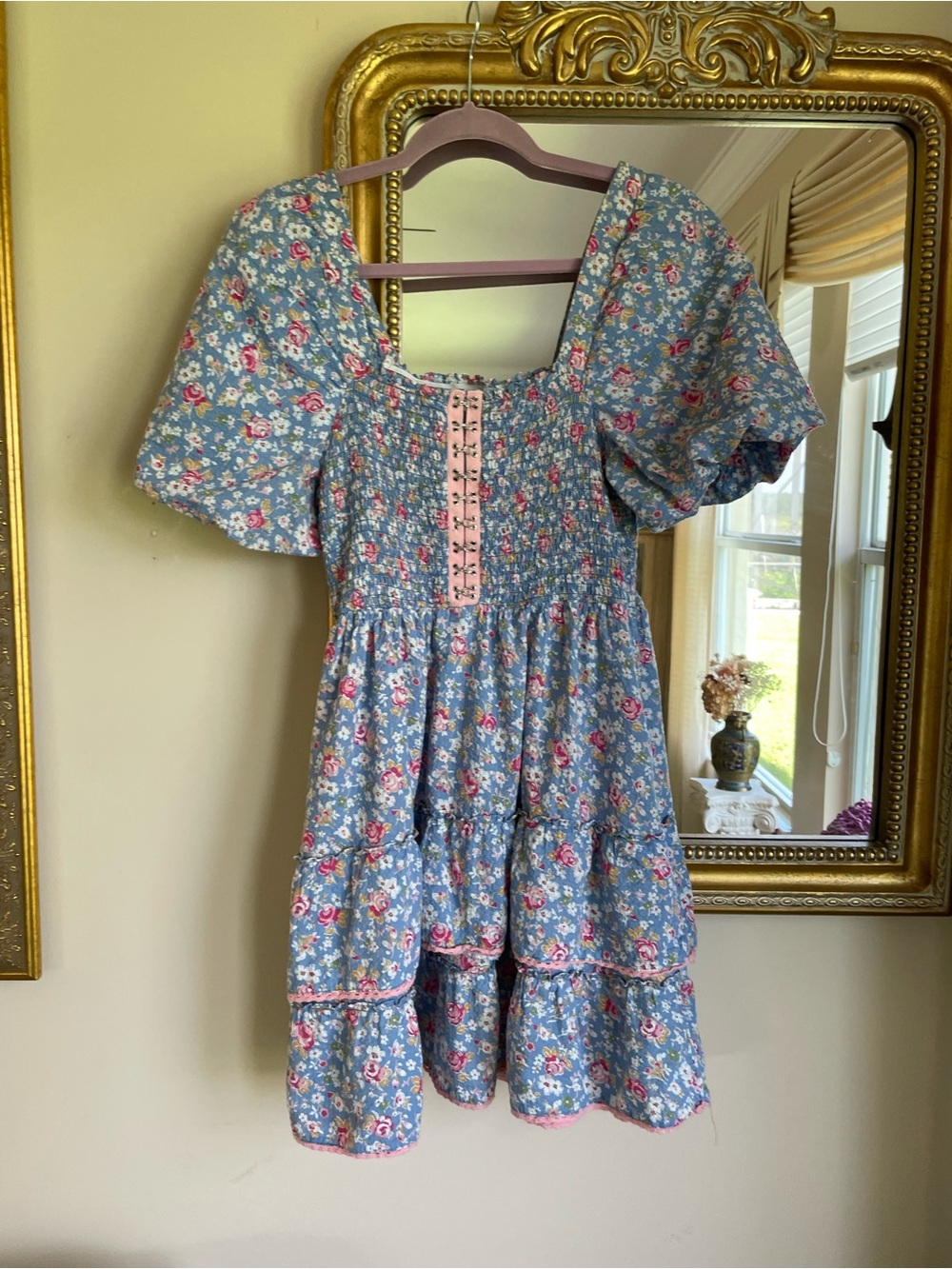 Betsey Johnson Blue Floral Poly Puff-Sleeve Smocked Micro Mini Dress. XXS